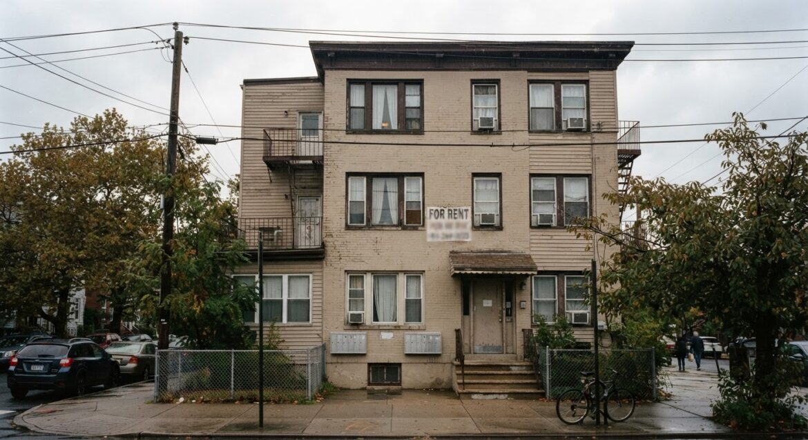 an apartment building exterior with a for-rent sign