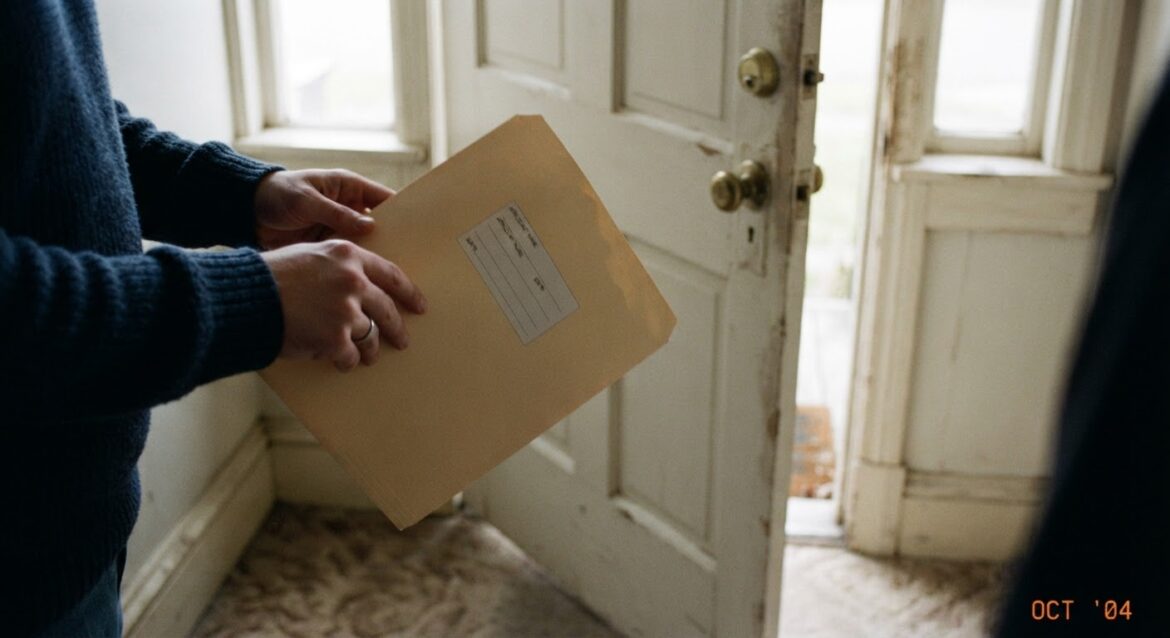 a hand holding a housing application folder near a front door
