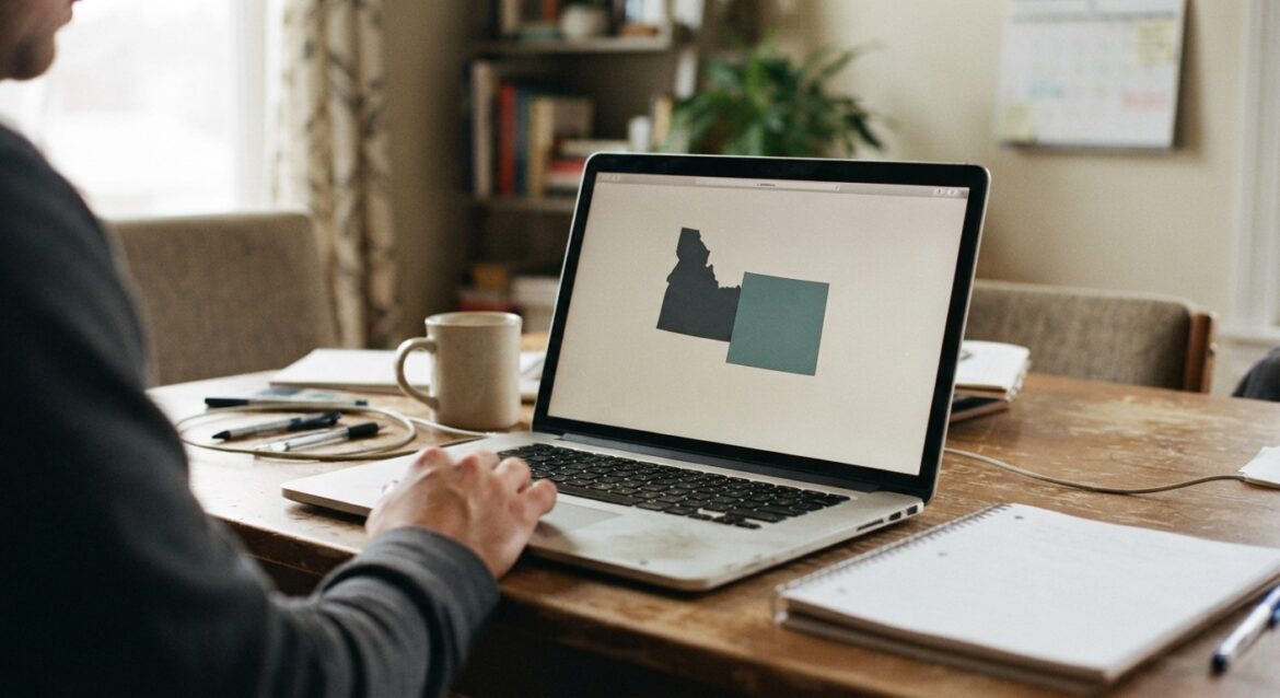 a laptop on a home desk with a map showing two different state outlines