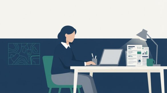 A person at a desk working on a laptop with medical paperwork nearby
