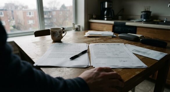 A severance agreement letter next to an unemployment claim form on a desk