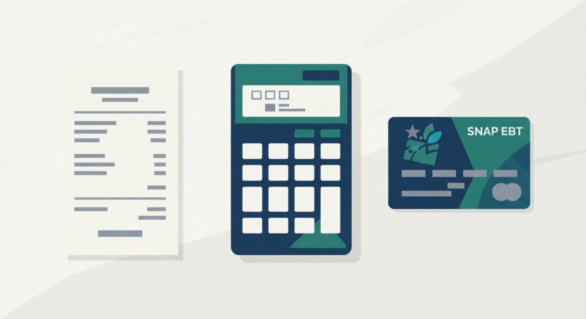 A grocery receipt and calculator next to a SNAP EBT card on a kitchen table