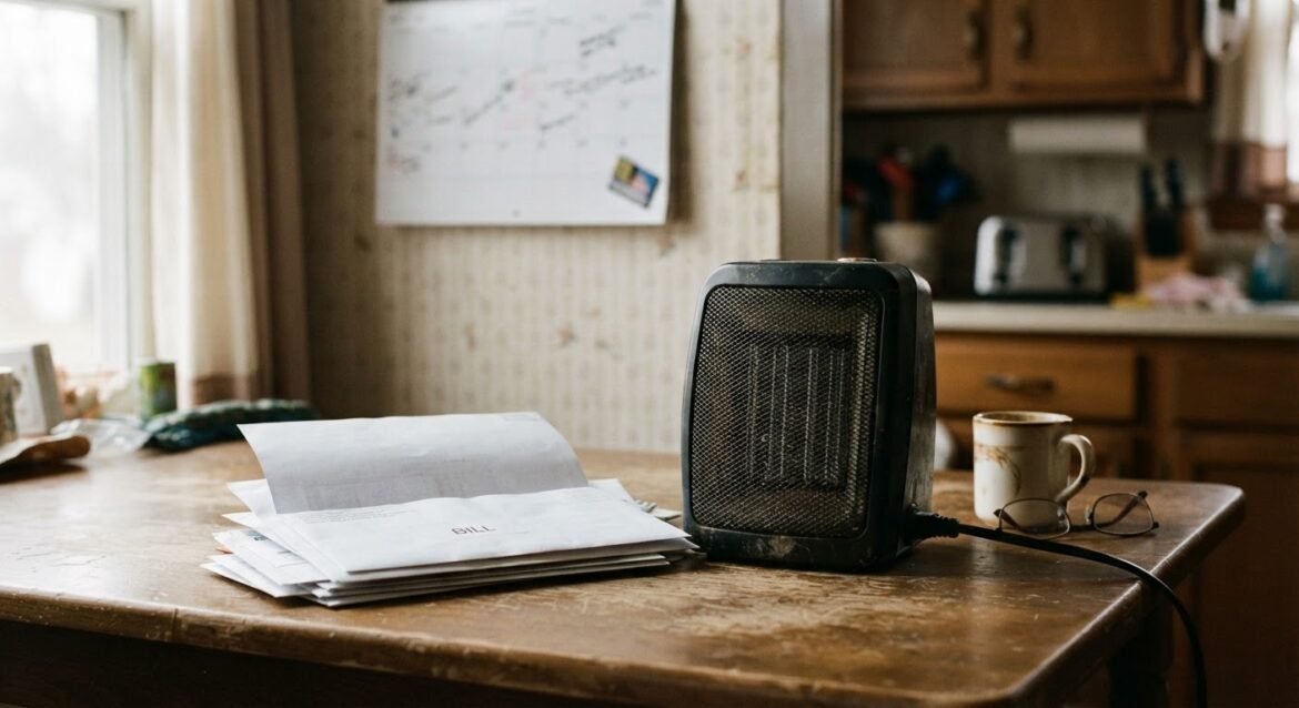 A utility bill and a space heater on a kitchen table with a calendar in the background