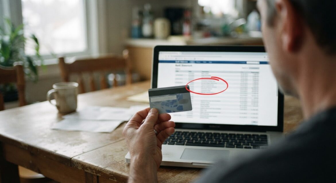 A hand holding an EBT card next to a laptop showing a bank statement with suspicious transactions highlighted