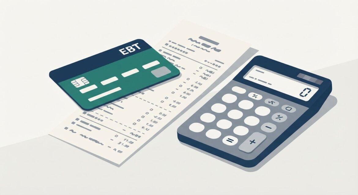 An EBT card resting on a grocery receipt next to a calculator