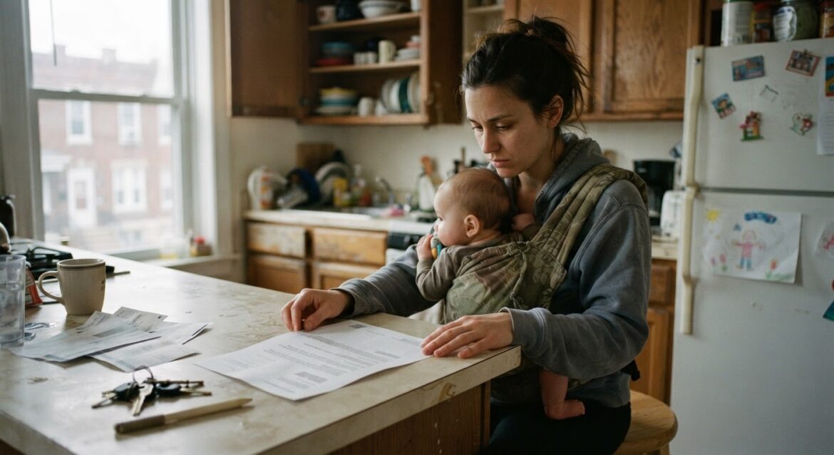 A parent holding a baby while reviewing a benefits letter at a kitchen counter