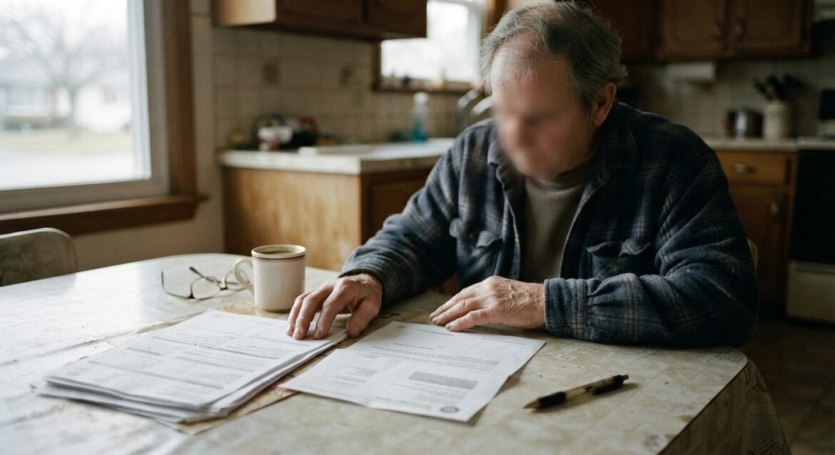 An older worker reviewing a pension statement next to an unemployment benefits letter at a kitchen table