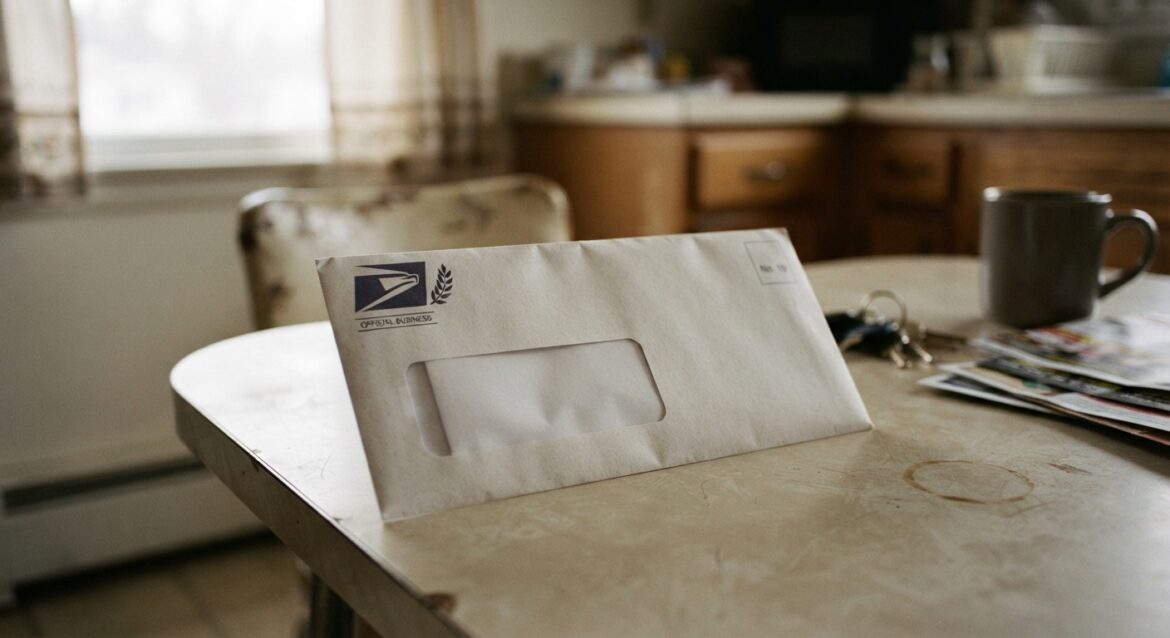A stern-looking government letter envelope with an unemployment agency logo on a kitchen table